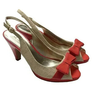 Anne Klein Women 9M Slingback Peeptoe Pumps Orange Ivory Bow Vegan Faux Leather
